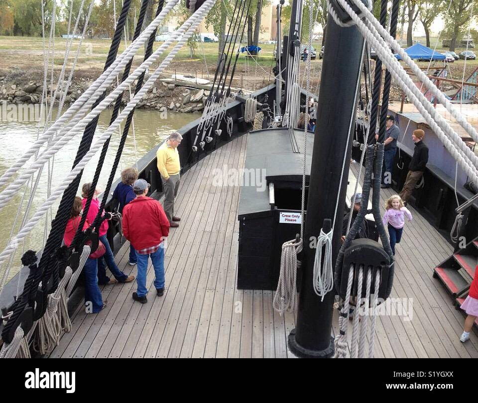 Tourists explore the deck of a reproduction of Christopher Columbus’s sailing ship the Niña, the ship, along with a reproduction of The Pinta travel the world as part of an educational tour. - Smartphone Captured Stock Image