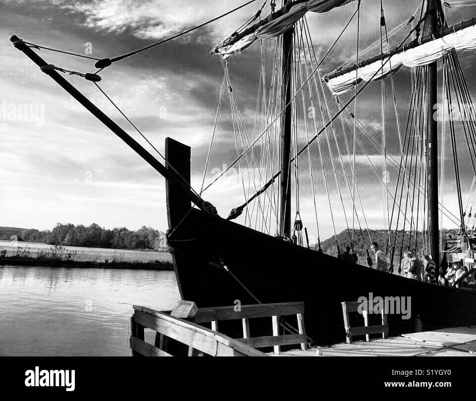 A Reconstruction of Christopher Columbus’s sailing ship the Niña docked in Fort Smith, Arkansas. The ship sails the world as part of an educational tour. Stock Photo
