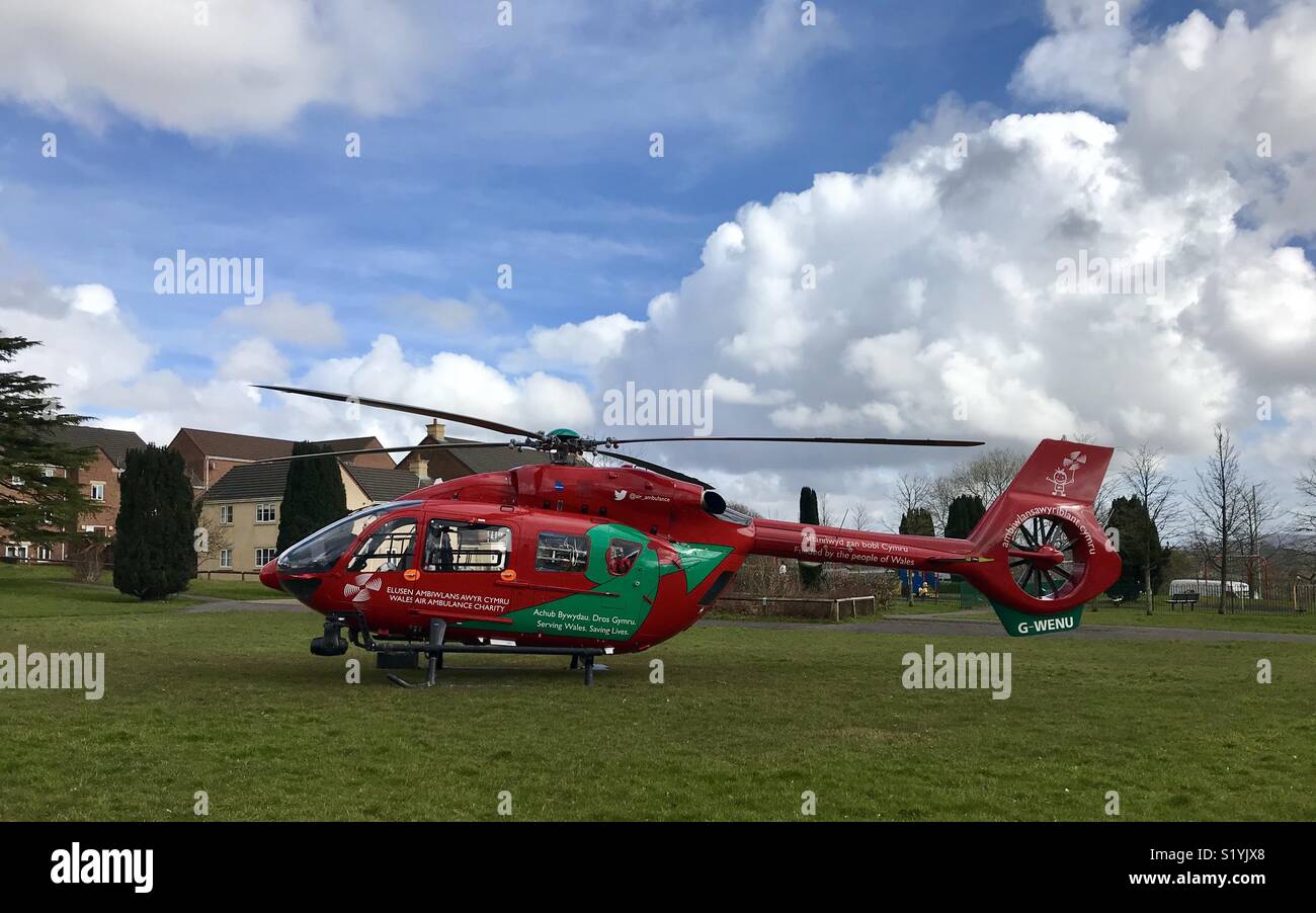 Airbus EC145 air ambulance helicopter on a housing estate Stock Photo