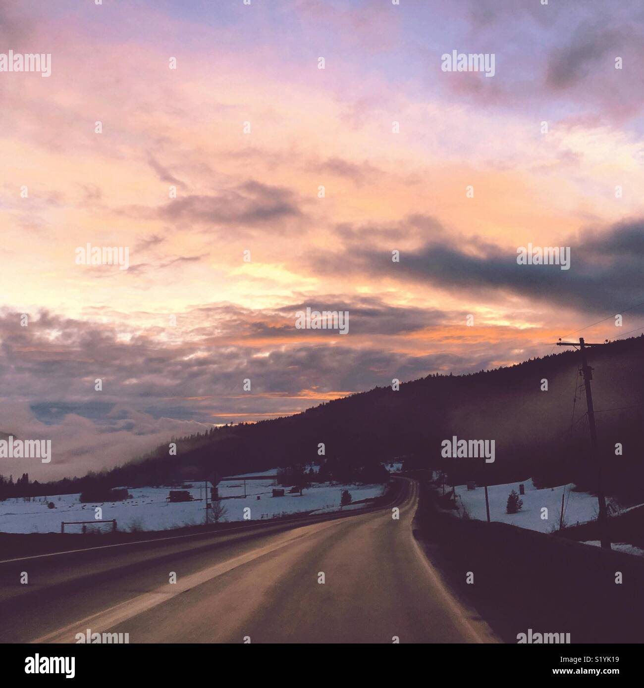 Highway leading away into the foggy distance at sunset on a winter evening under pink skies. Square crop. Highway 3, driving west between Grand Forks and Greenwood, British Columbia. March 14, 2018. - Smartphone Captured Stock Image