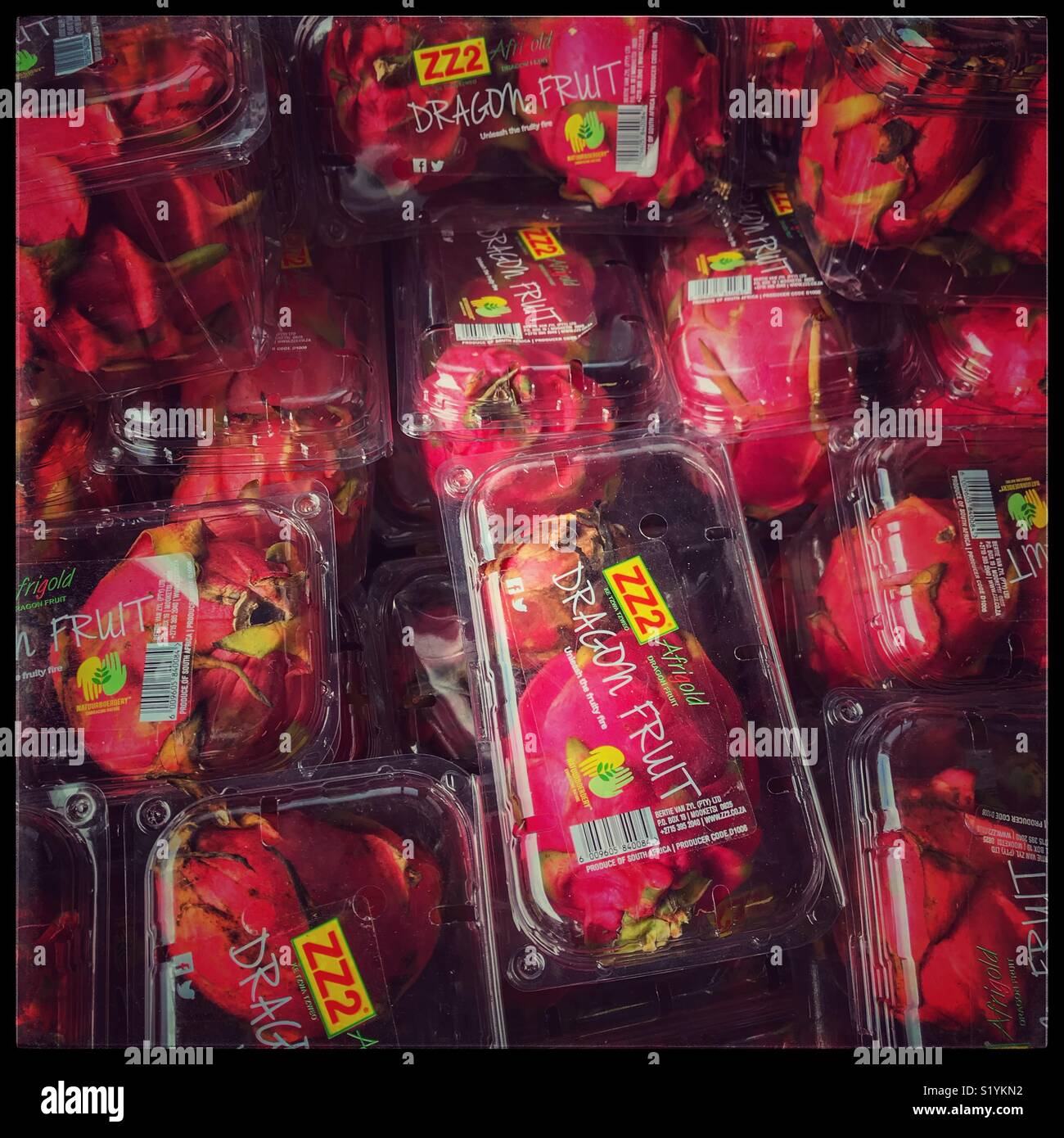Dragon fruit on supermarket shelf. - Smartphone Captured Stock Image