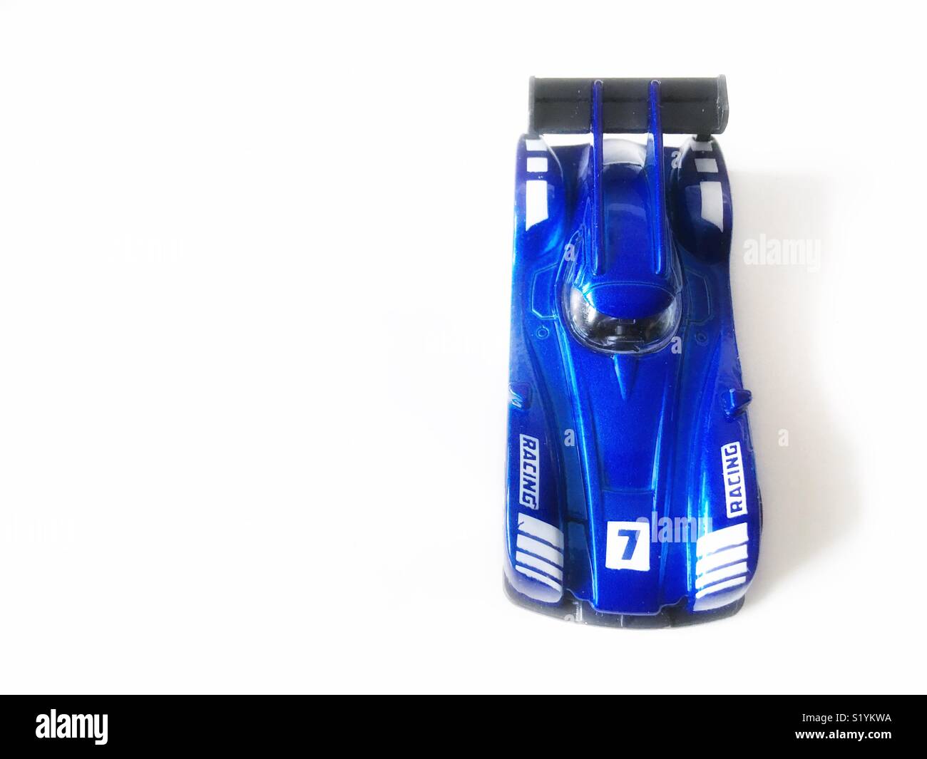 Overhead blue racing car toy shot Stock Photo