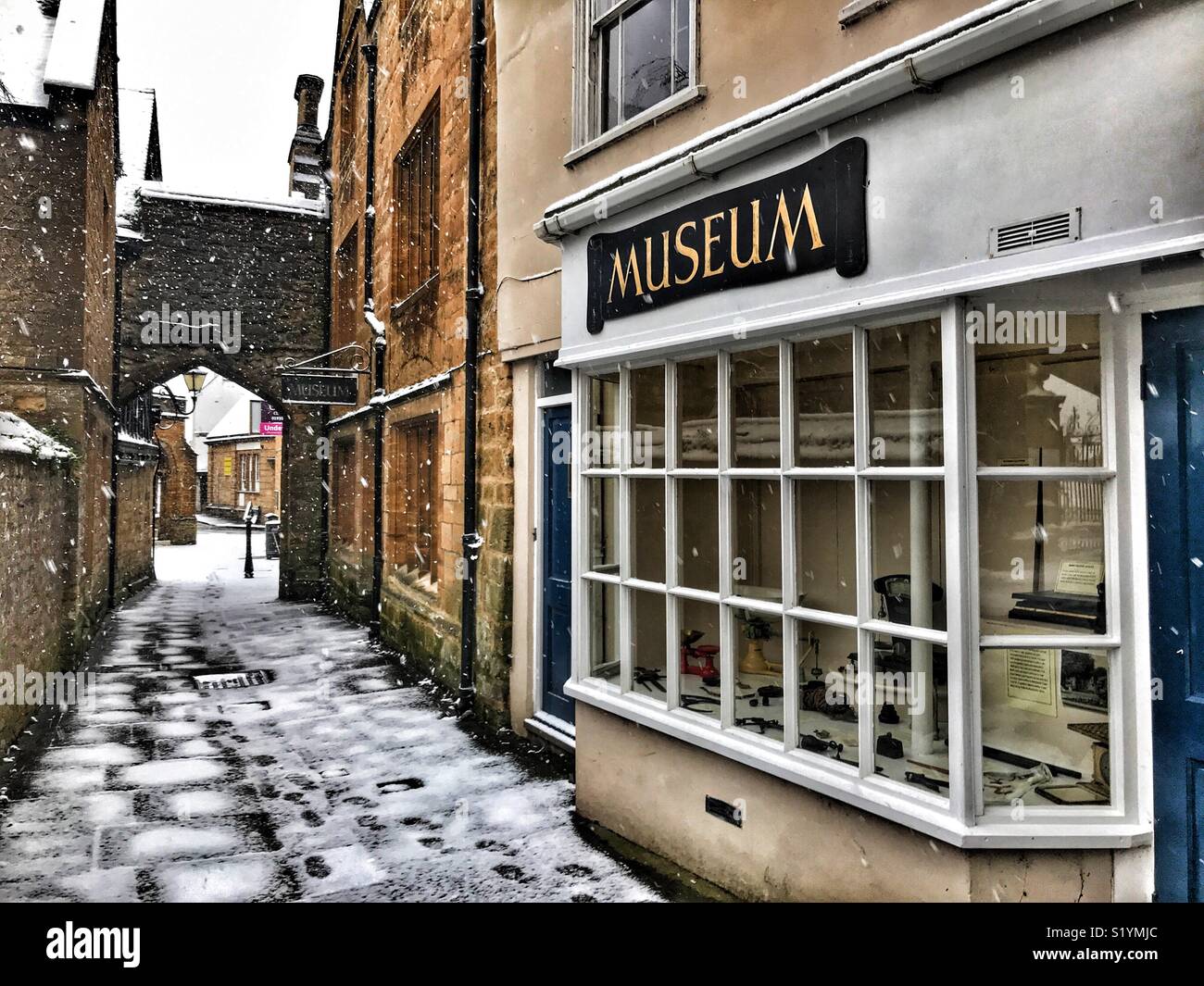 Sherborne Museum, with snow on the ground and a blizzard just starting, Beast from the East, Sherborne, Dorset, England, March 2018 - Smartphone Captured Stock Image