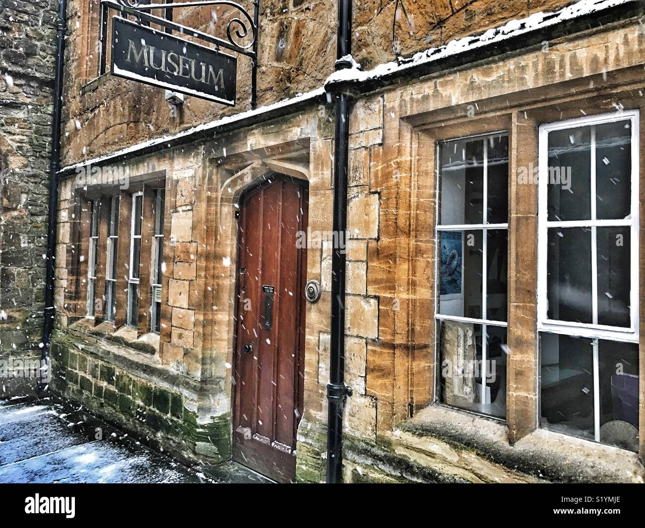Sherborne Museum, with snow on the ground and a blizzard just starting, Beast from the East, Sherborne, Dorset, England, March 2018 - Smartphone Captured Stock Image