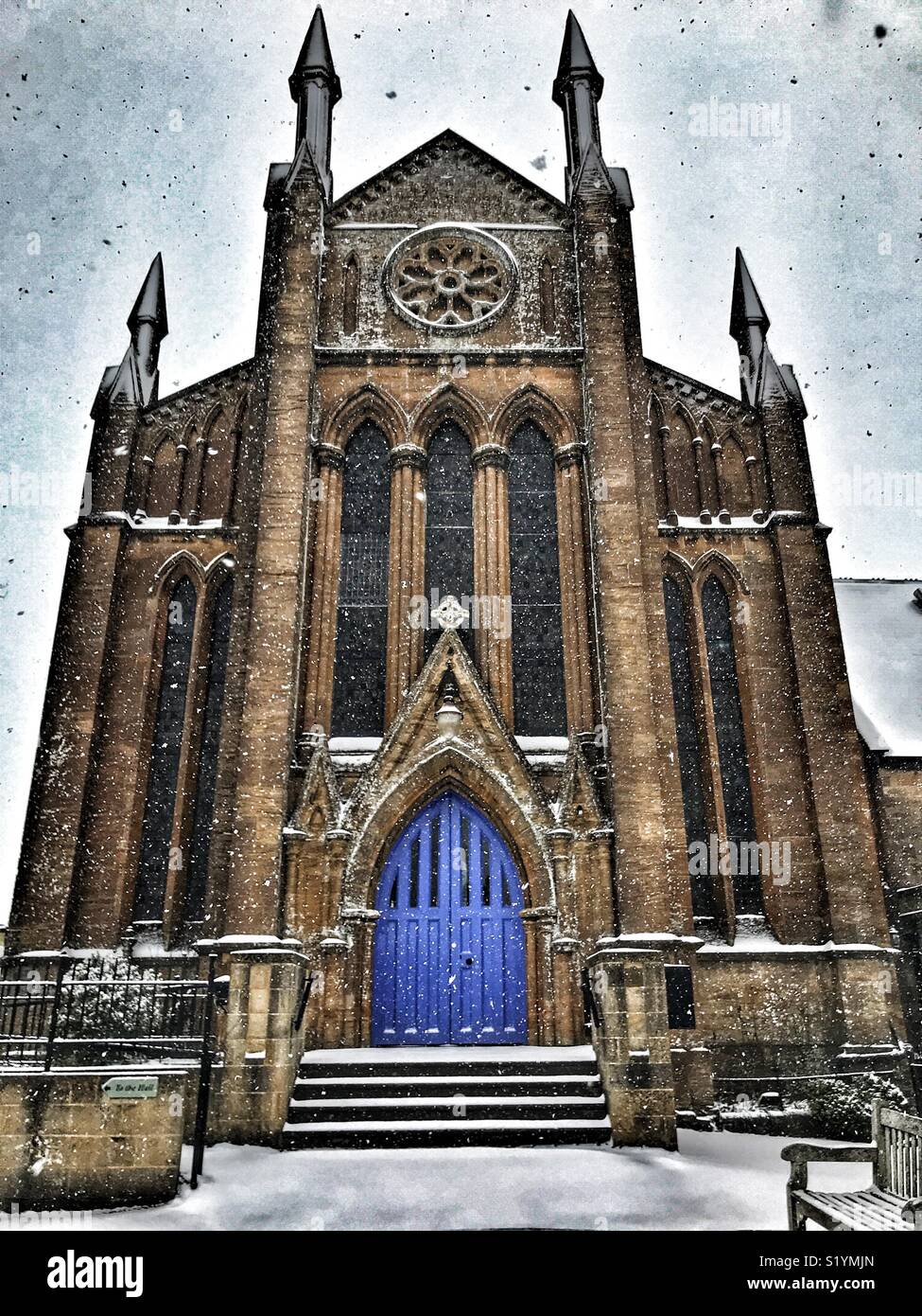 Methodist Church, Cheap Street, with snow on the ground and a blizzard just starting, Beast from the East, Sherborne, Dorset, England, March 2018 - Smartphone Captured Stock Image