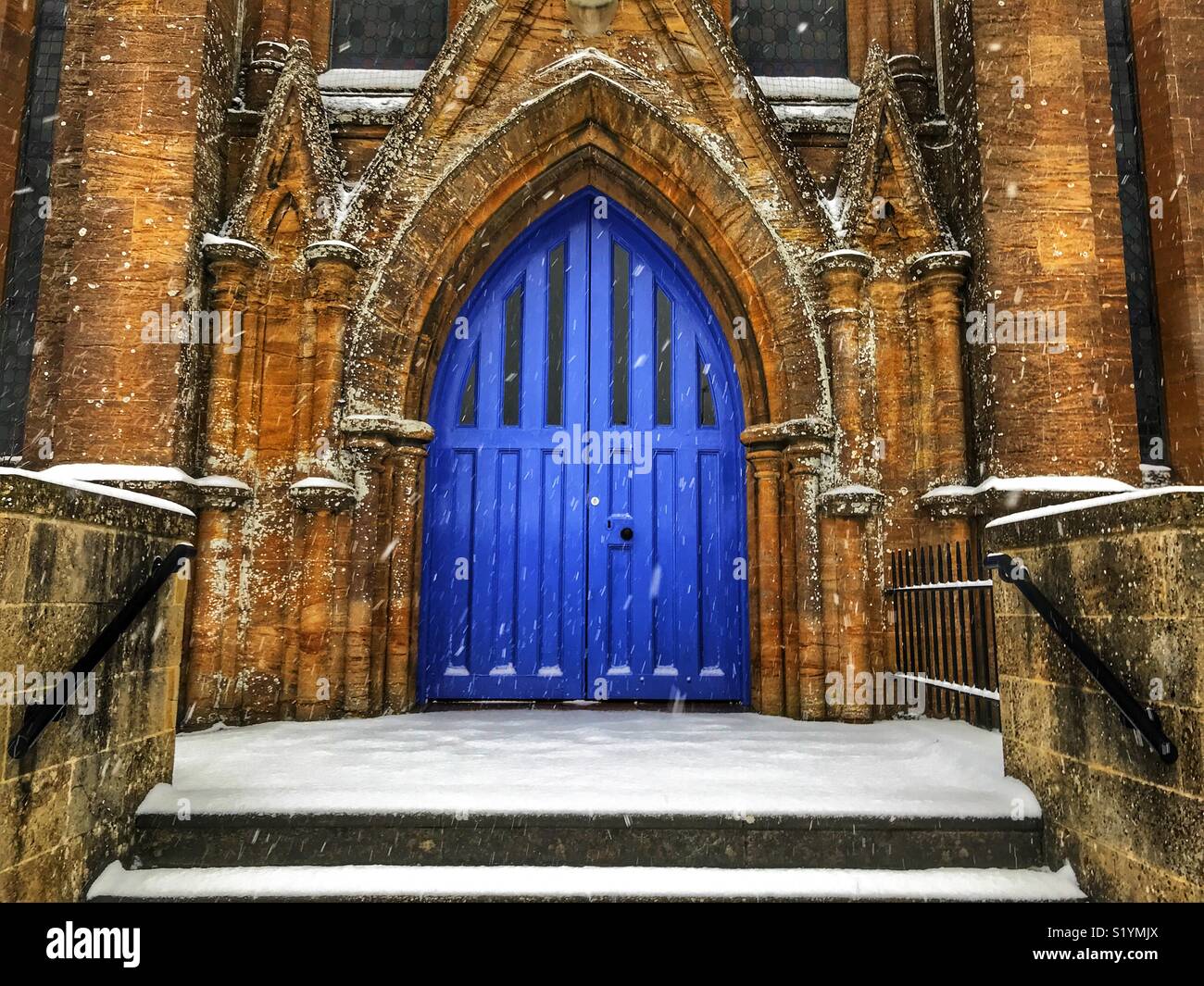 Methodist Church, Cheap Street, with snow on the ground and a blizzard just starting, Beast from the East, Sherborne, Dorset, England, March 2018 - Smartphone Captured Stock Image