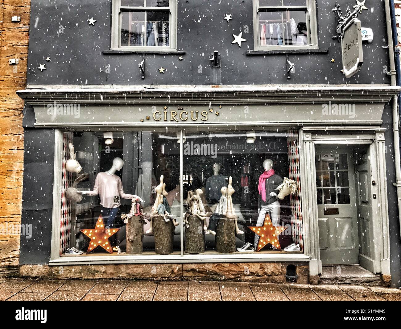 The Circus, Cheap Street, with snow during a blizzard, Beast from the East, Sherborne, Dorset, England, March 2018 - Smartphone Captured Stock Image