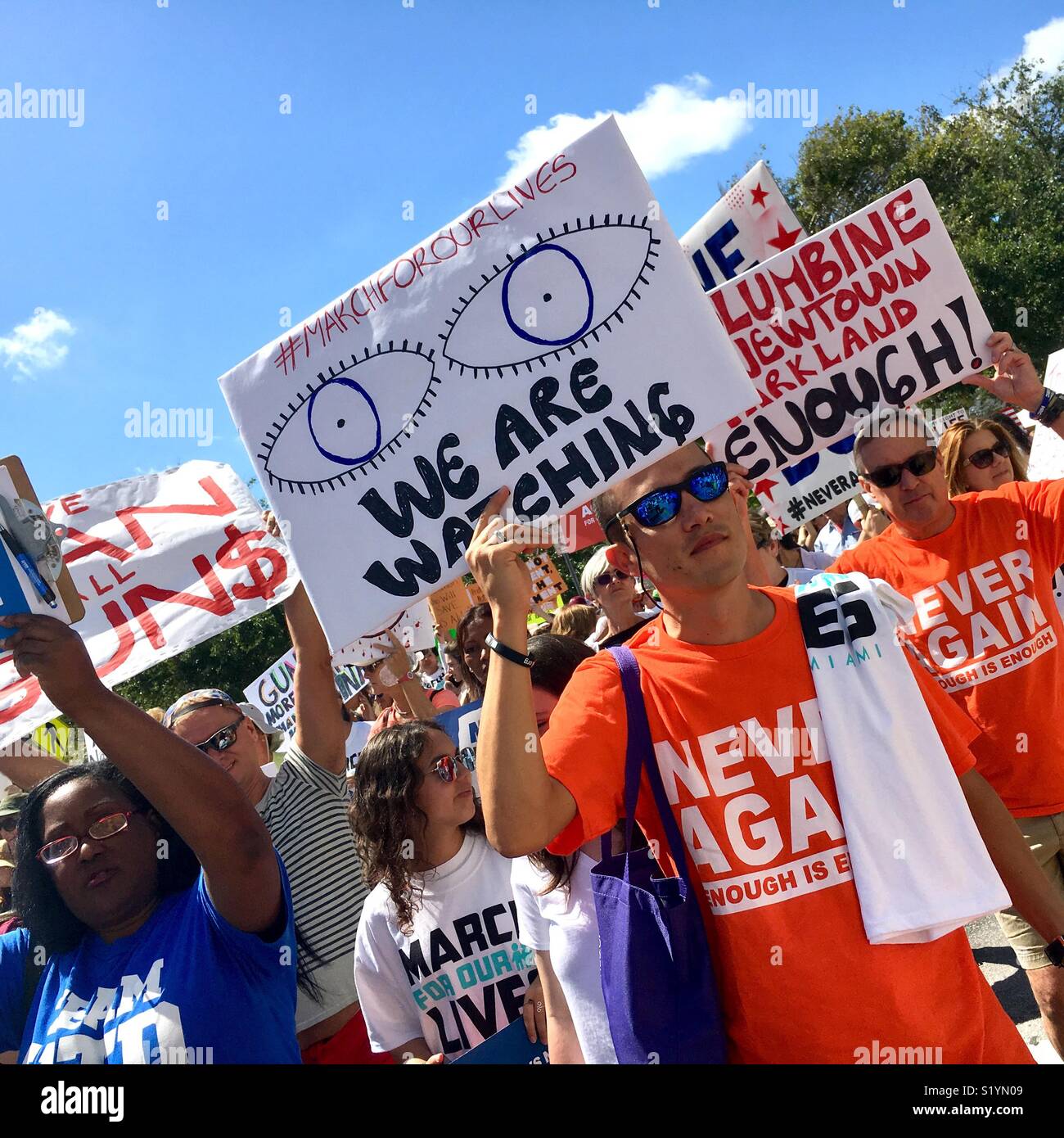 Miami Beach Florida “March For Our Lives.”  March 24, 2018 protest after Parkland, Florida school shootings. - Smartphone Captured Stock Image