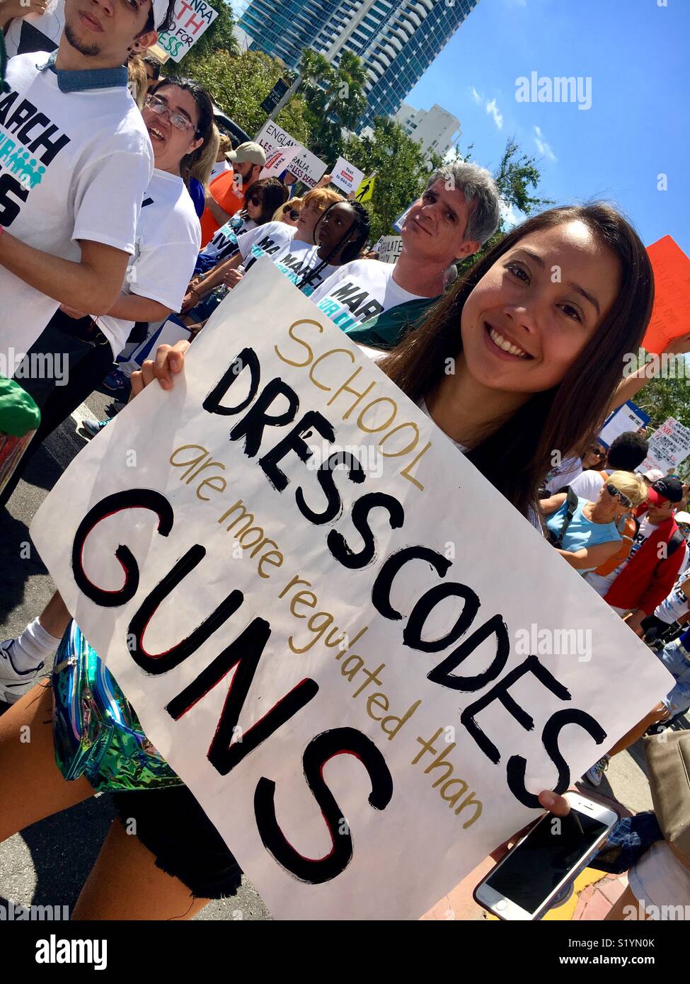 Miami Beach Florida “March For Our Lives.”  March 24, 2018 protest after Parkland, Florida school shootings. - Smartphone Captured Stock Image