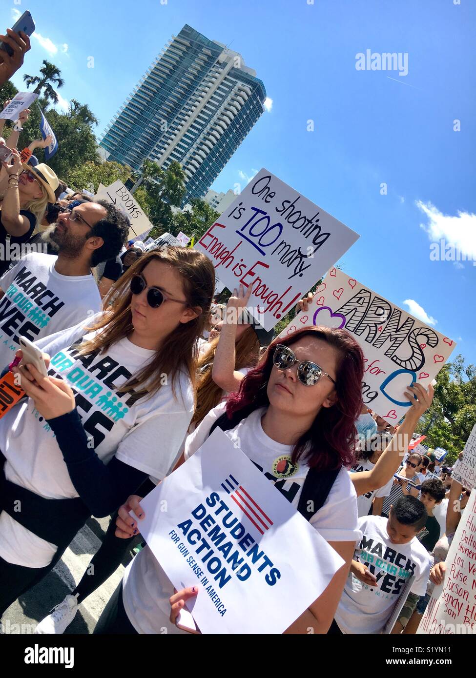 Miami Beach Florida “March For Our Lives.”  March 24, 2018 protest after Parkland, Florida school shootings. - Smartphone Captured Stock Image