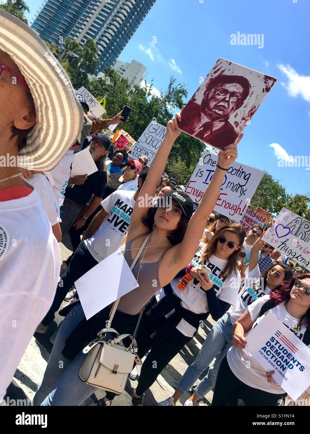 Miami Beach Florida “March For Our Lives.”  March 24, 2018 protest after Parkland, Florida school shootings. - Smartphone Captured Stock Image