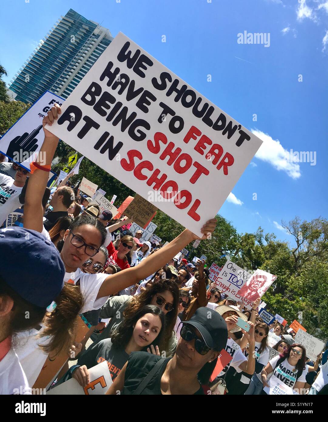 Miami Beach Florida “March For Our Lives.”  March 24, 2018 protest after Parkland, Florida school shootings. - Smartphone Captured Stock Image
