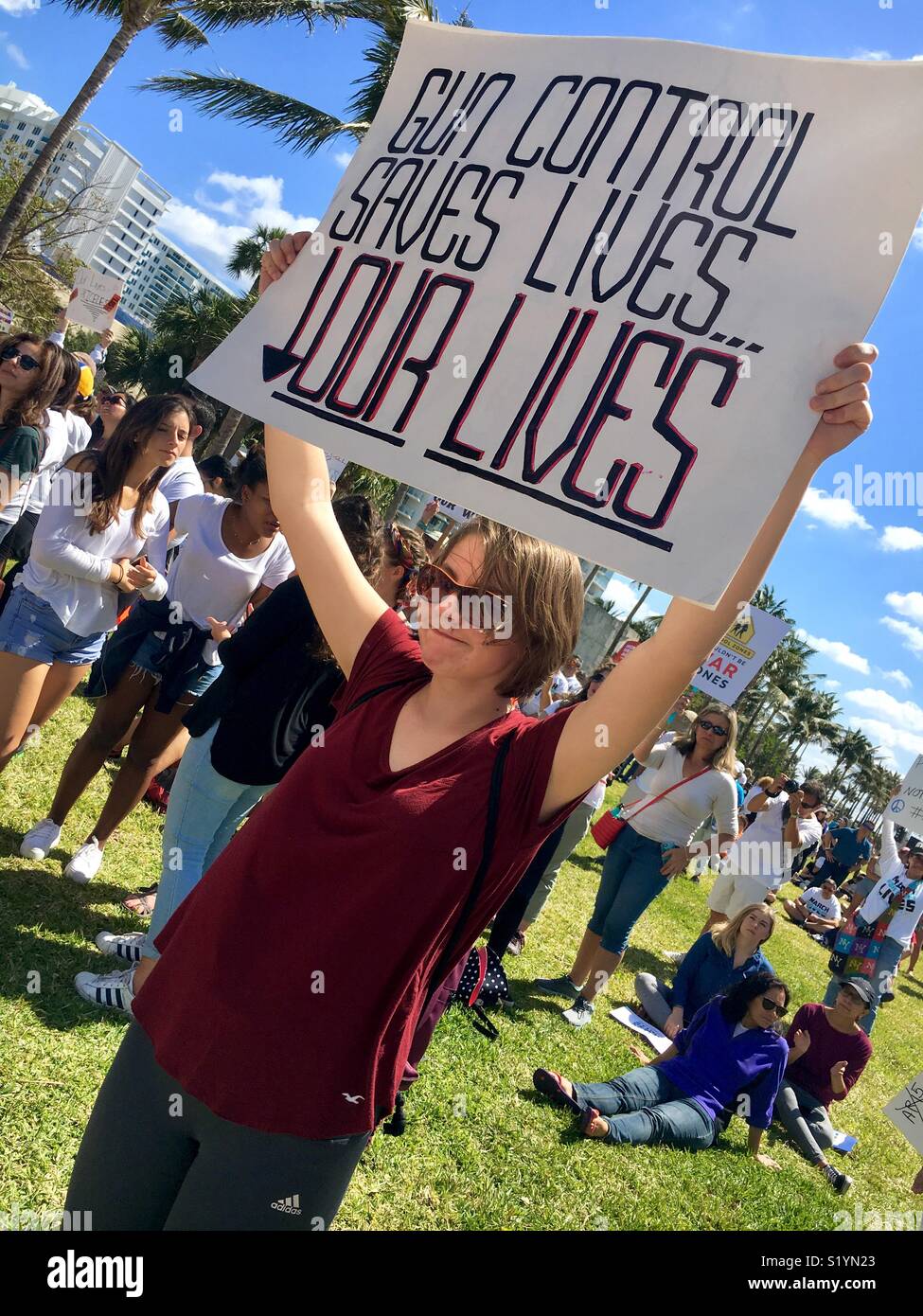 Miami Beach Florida “March For Our Lives.”  March 24, 2018 protest after Parkland, Florida school shootings. - Smartphone Captured Stock Image