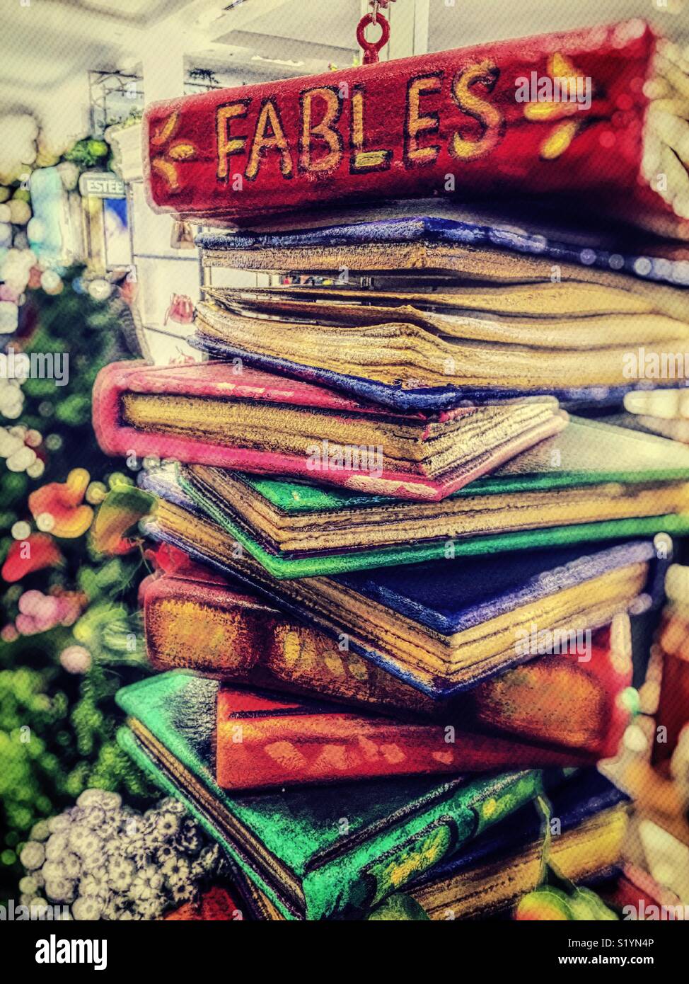 Storybook display at Macy’s Easter flower show, Herald Square, New York City, USA - Smartphone Captured Stock Image