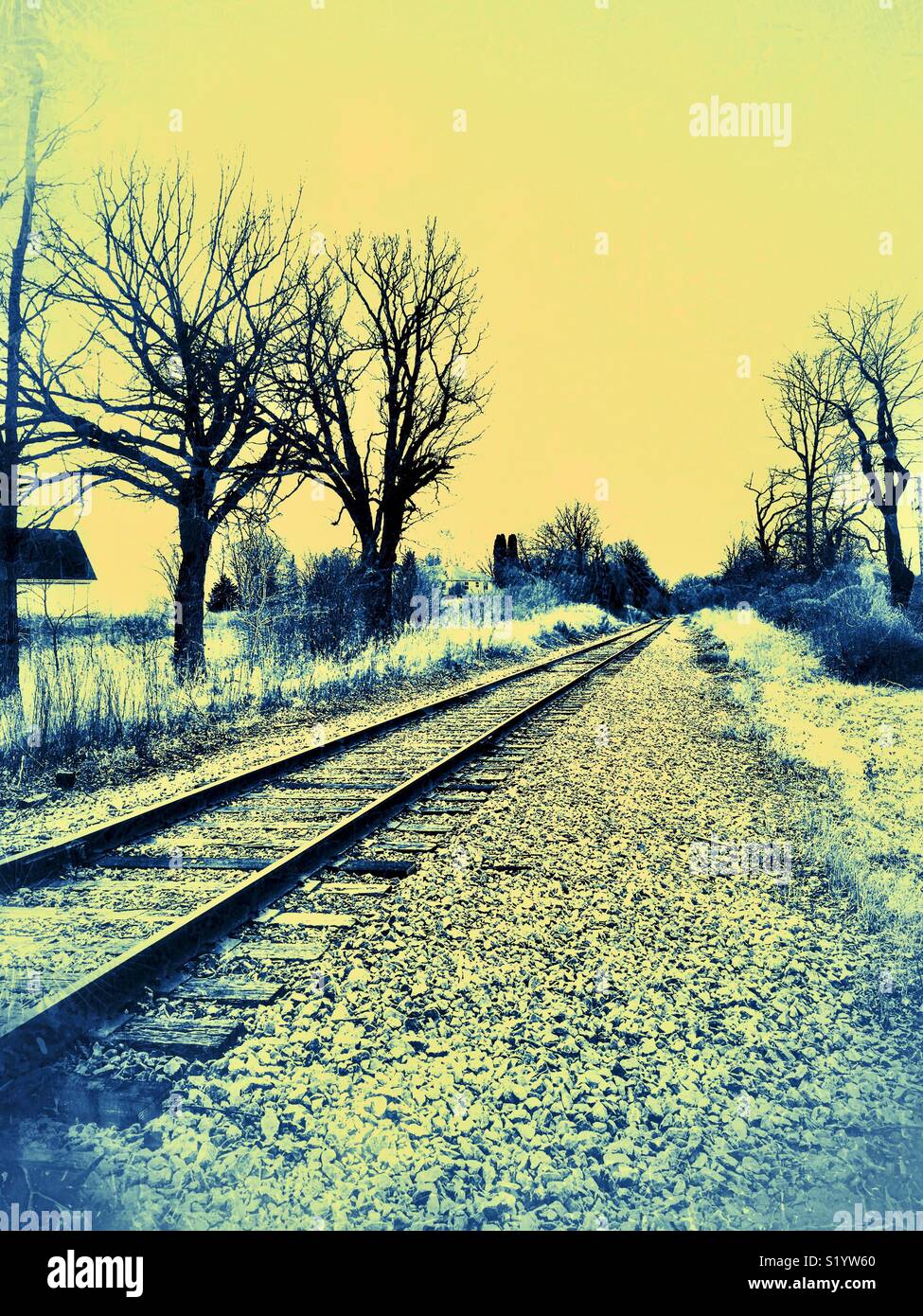 Stylized Railroad tracks in rural Wisconsin with trees and farm house - Smartphone Captured Stock Image