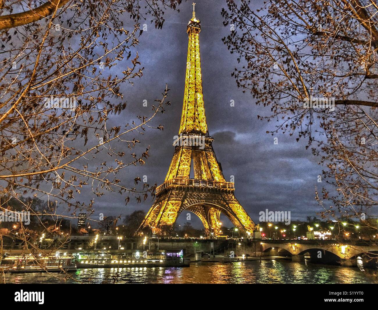 Eiffel Tower at night from Across the Seine River in Early Spring - Smartphone Captured Stock Image