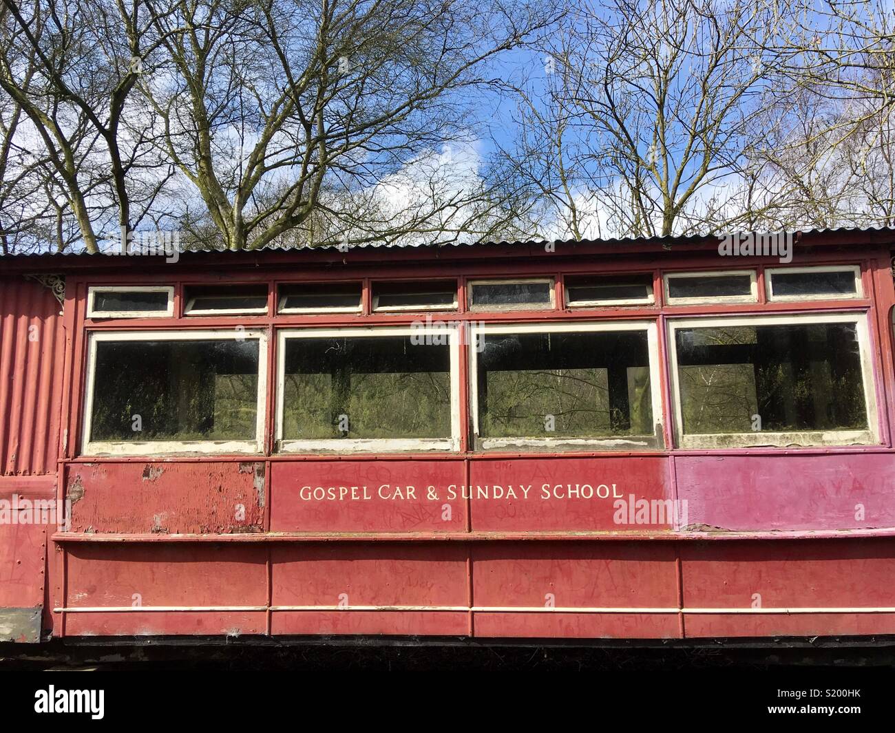 Gospel car and Sunday School, an abandoned carriage, Ironbridge Gorge, Shropshire, England Stock Photo