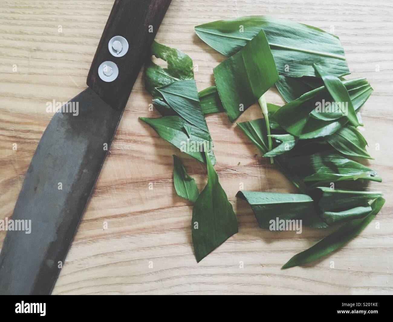 Allium ursinum on a wooden cutting board with a kitchen knife - Smartphone Captured Stock Image Allium ursinum on a wooden cutting board with a kitchen knife - Smartphone Captured Stock Image
