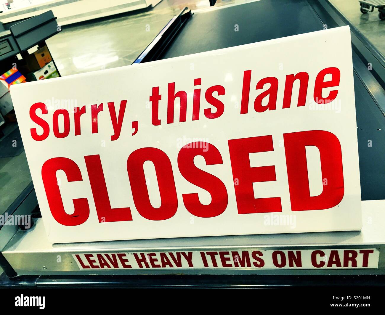 Sorry this lane closed sign at a checkout stand in a grocery store, USA Stock Photo