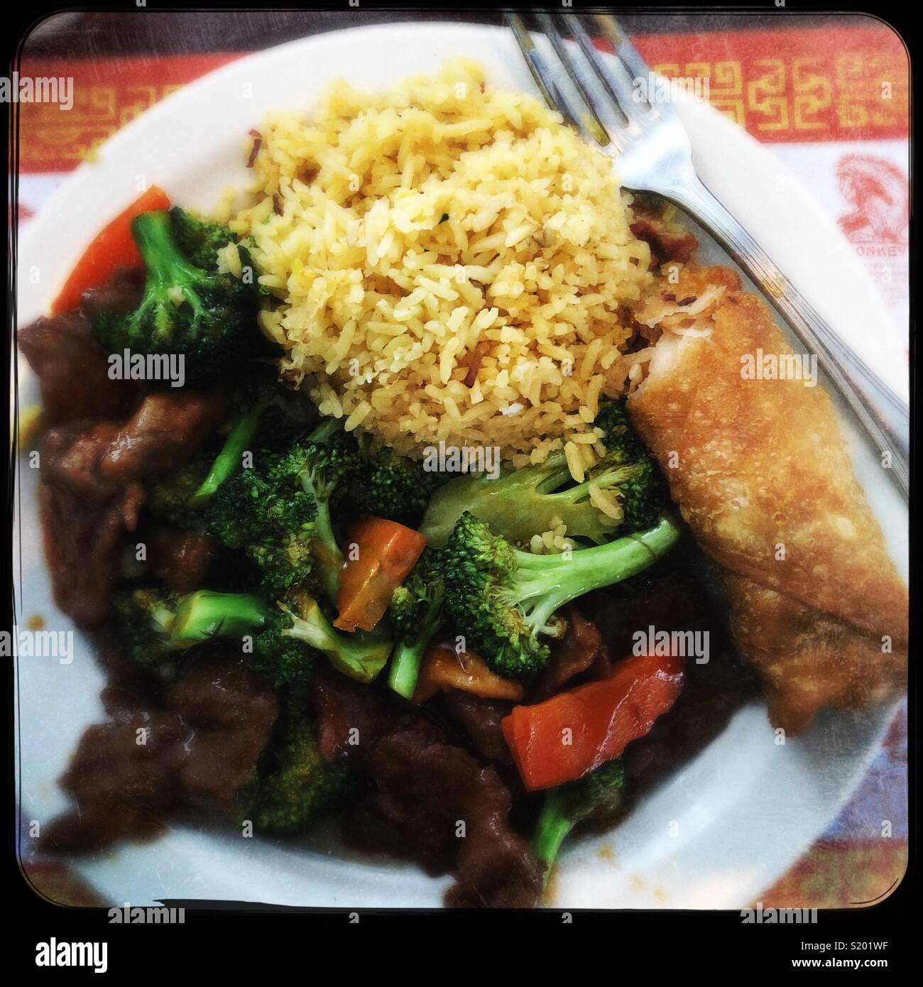 Beef with broccoli and egg roll - Smartphone Captured Stock Image