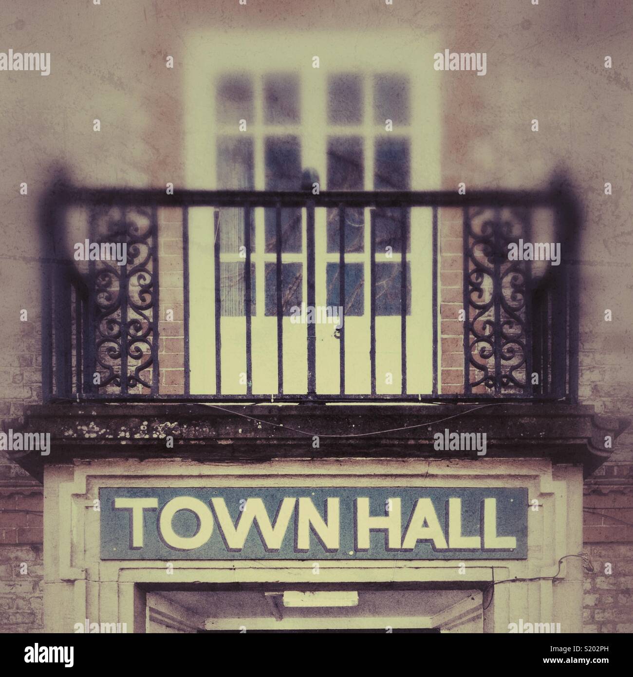 Town hall sign and balcony on outside of building - Smartphone Captured Stock Image Town hall sign and balcony on outside of building - Smartphone Captured Stock Image