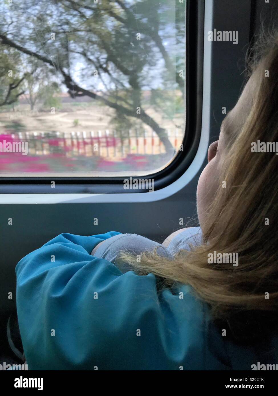 A girl relaxes on a passenger train as the Indian countryside races past. Stock Photo