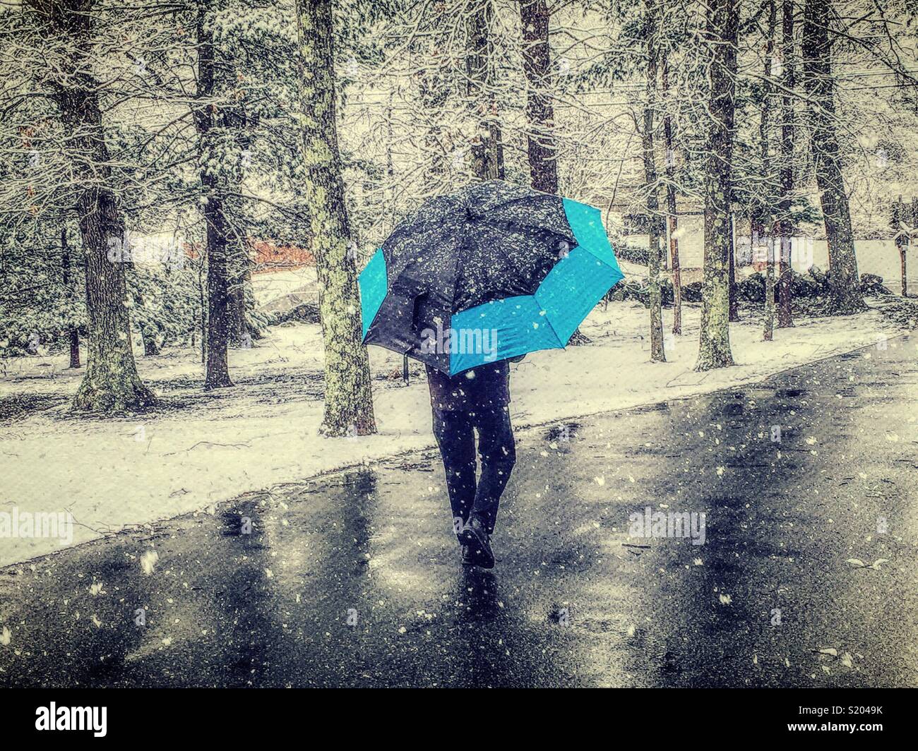 Winter scene of a man walking with an umbrella on a cleared path in a new England snowstorm, USA - Smartphone Captured Stock Image
