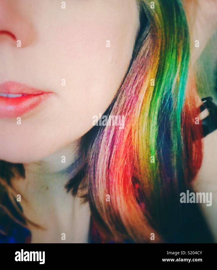 Rainbow hair close up Stock Photo