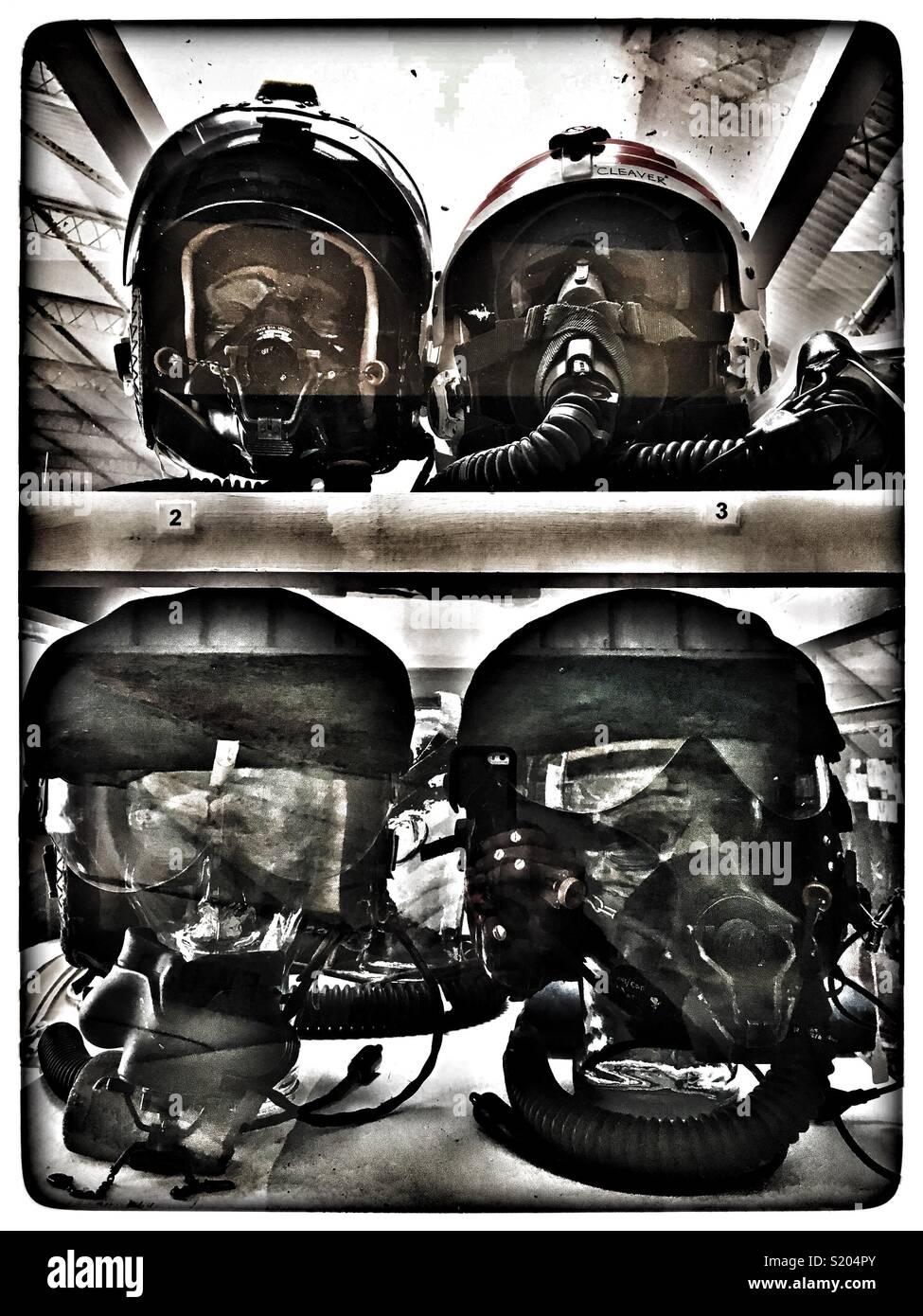 “Bone Dome” Fighter pilot flying helmets from the Cold War era onwards, Norfolk and Suffolk aviation museum, Flixton, Suffolk, England. - Smartphone Captured Stock Image