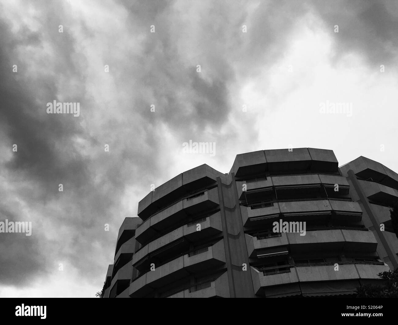 Black and white building with stormy sky - Smartphone Captured Stock Image