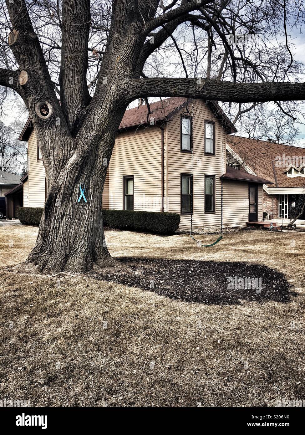 Child swing and memorial ribbon for teen hit by car - Smartphone Captured Stock Image