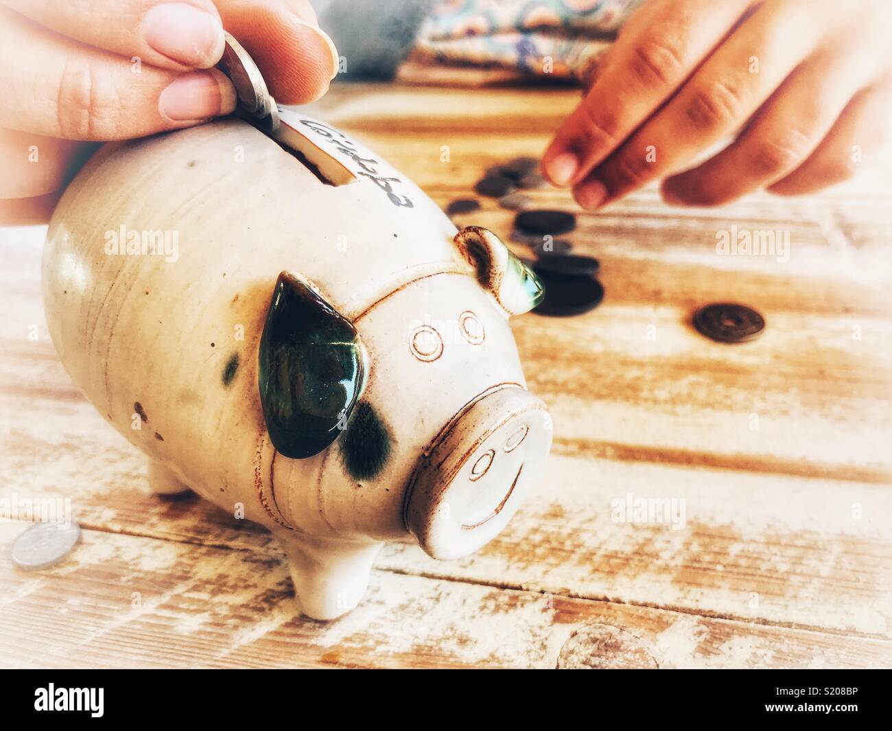 Millennial woman sitting at a table putting a coin into a piggy bank, midsection view - Smartphone Captured Stock Image