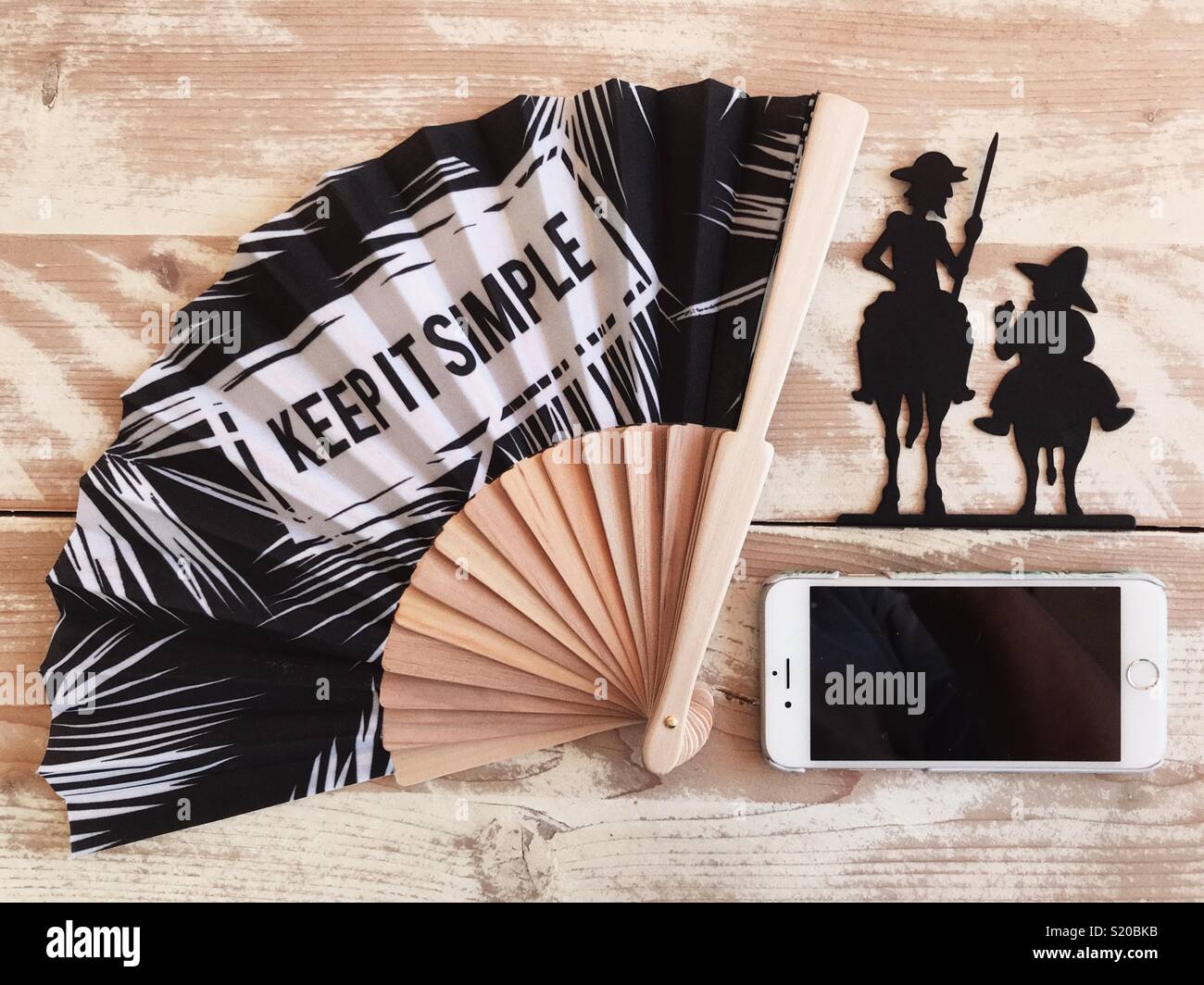 Flatlay photography, travel theme, Spain. Don Quixote, mobile phone - Smartphone Captured Stock Image