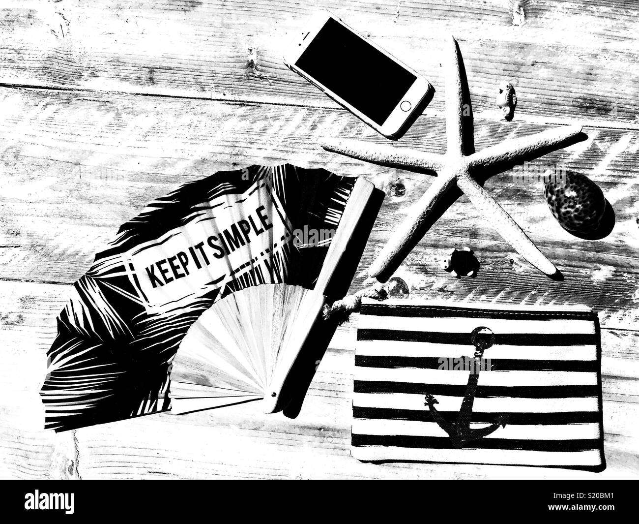 Flatlay photography, beach holiday travel theme, Keep it simple, - Smartphone Captured Stock Image