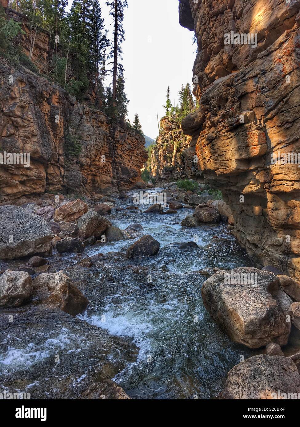A river cuts through a gorge in the Uinta mountains of Utah. Stock Photo
