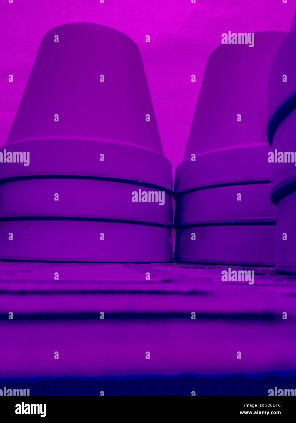 Purple and magenta tinted photo of terra cotta planting pots in stacks Stock Photo