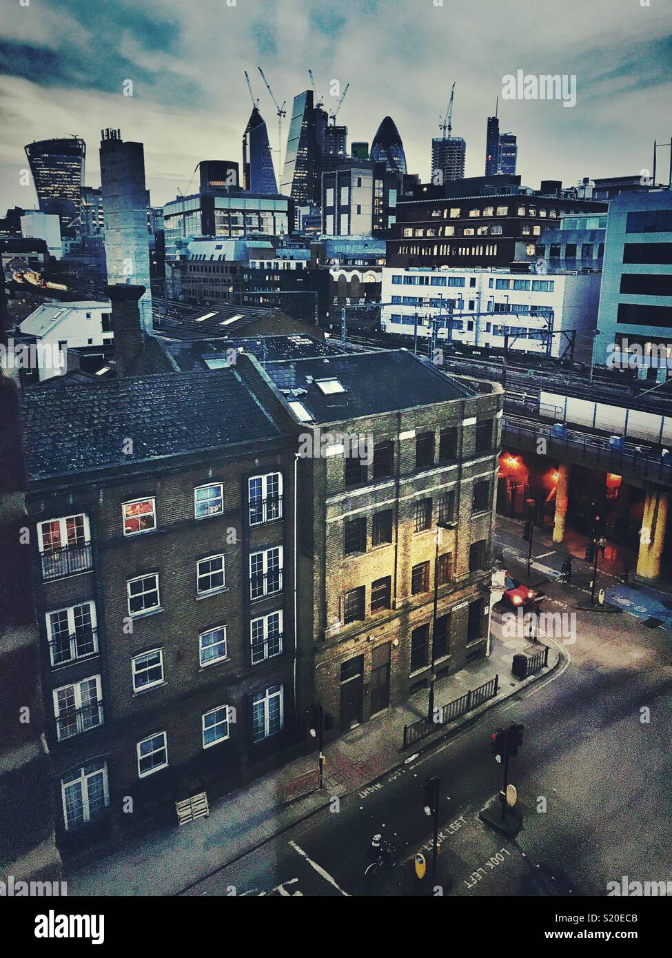 Street scene in East London looking towards the City of London and the financial district - Smartphone Captured Stock Image
