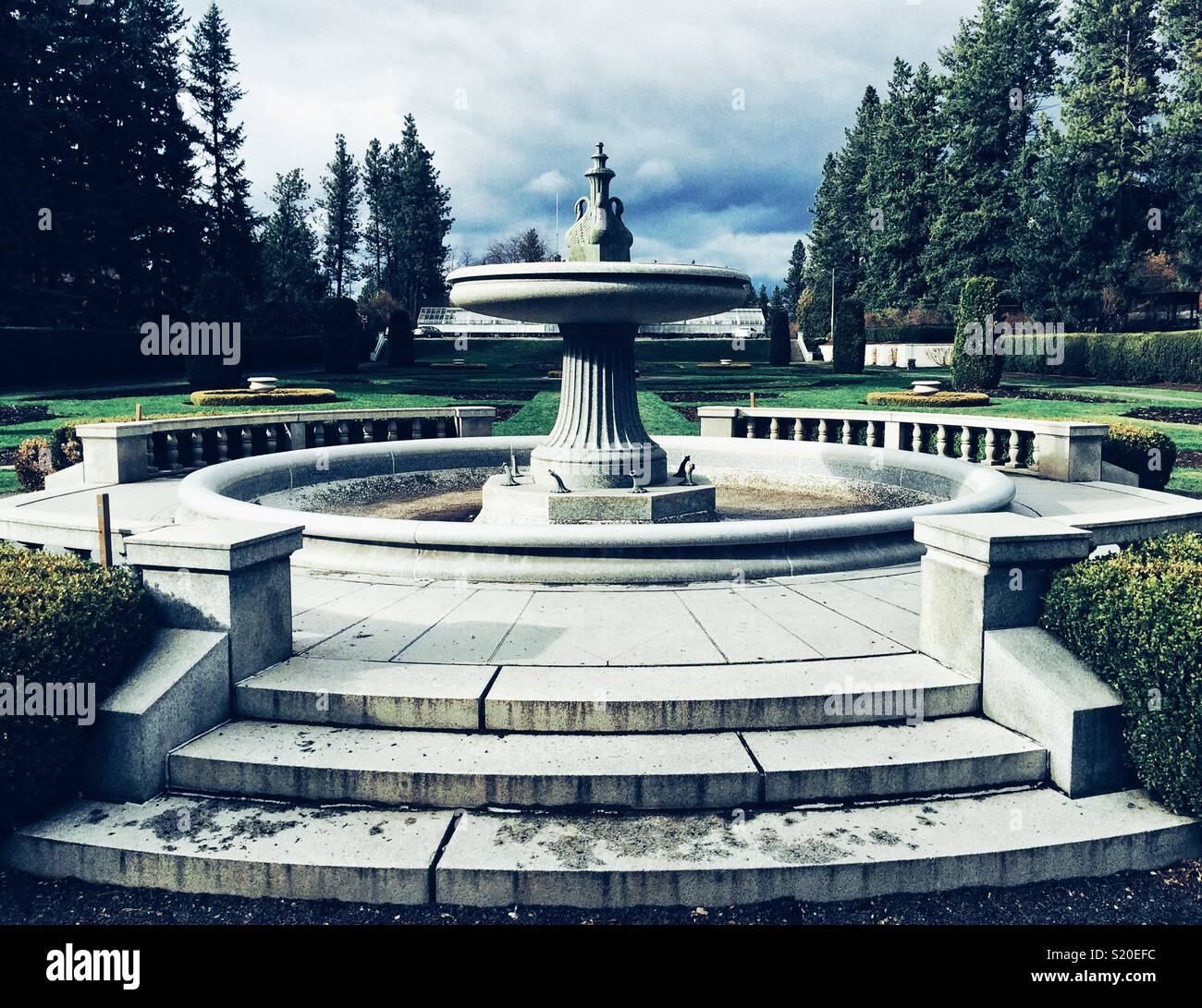Famous granite fountain circa 1913 waiting for warmer weather at the