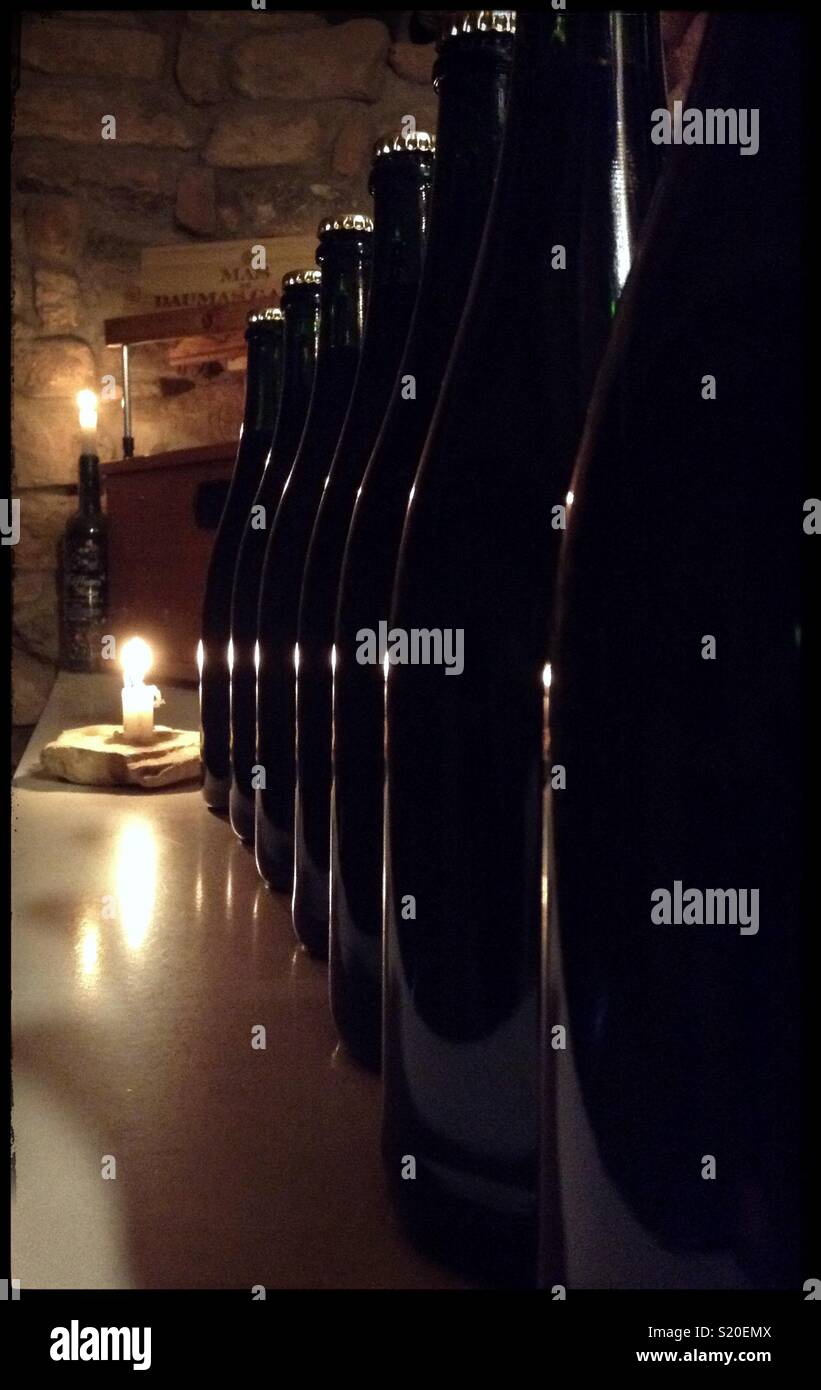 Sparkling wine bottles prepared for secondary fermentation in the winery, Catalonia, Spain Stock