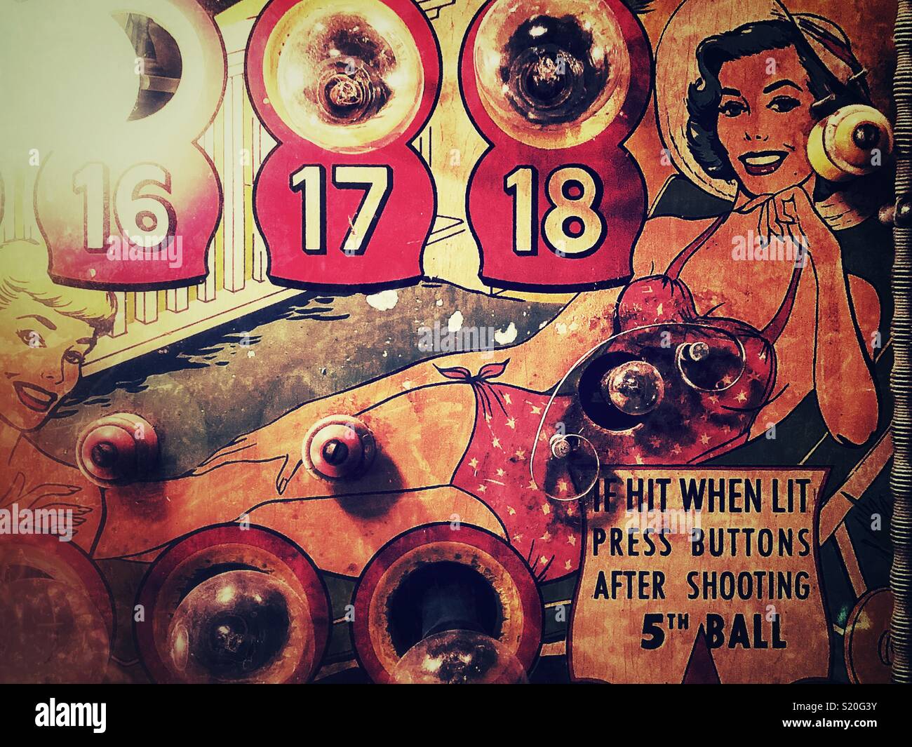 Detail of the vintage pinball machine with images of pinup girls in swimsuits Stock Photo
