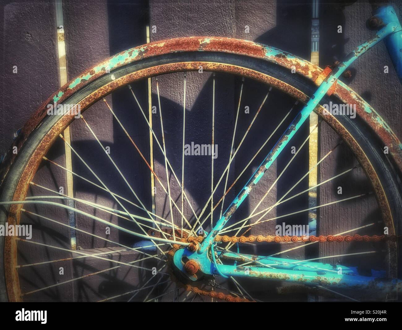 Old rusted blue bicycle wheel against a fence - Smartphone Captured Stock Image
