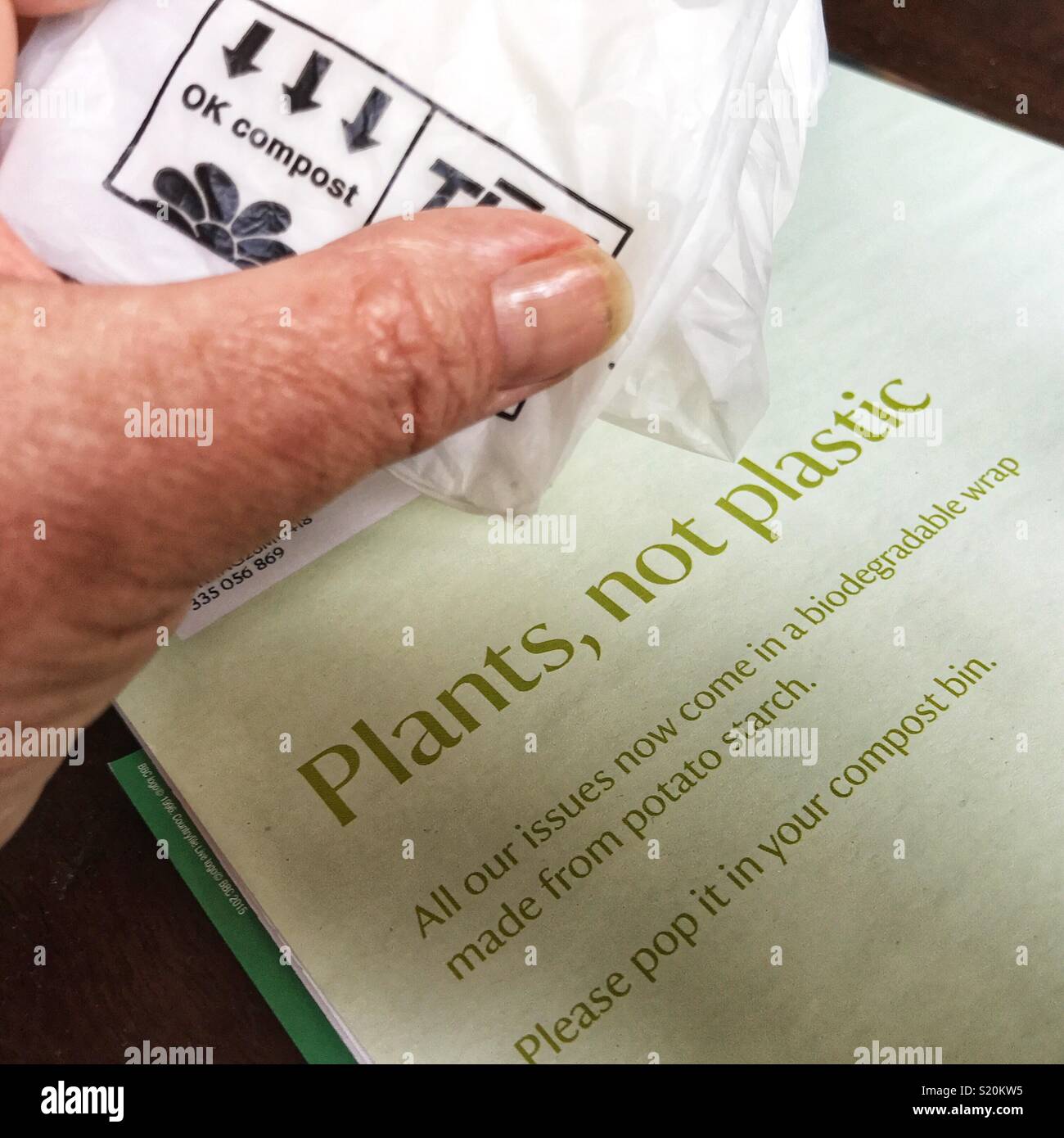 Plants not Plastic, recyclable envelope made from biodegradable potato starch - Smartphone Captured Stock Image