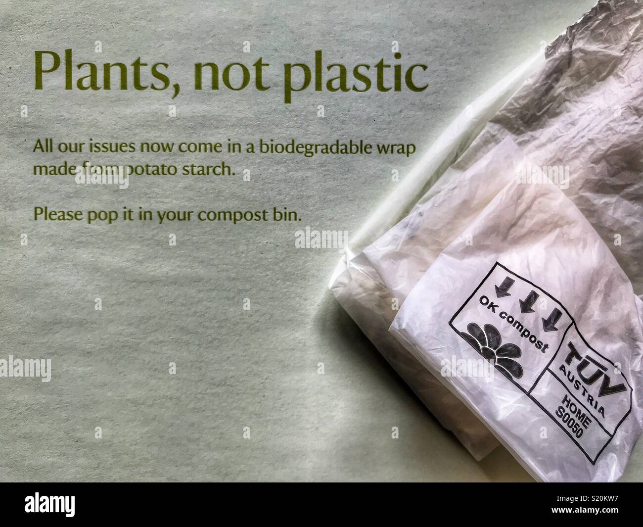 Plants not Plastic, environmentally friendly, recyclable envelope made from biodegradable potato starch - Smartphone Captured Stock Image