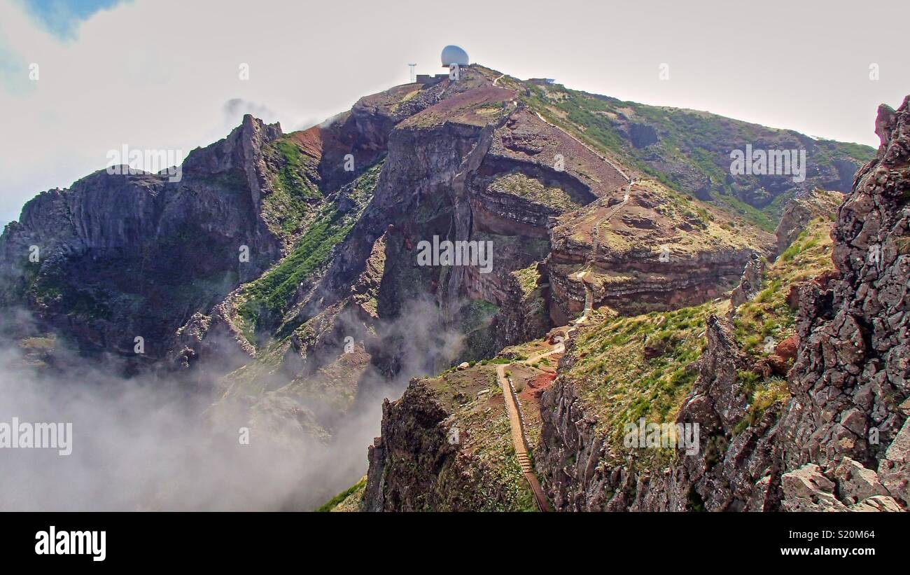 The white ball an observatory in the clouds in the mountains of the porugiesischen Atlantic island of Madeira Island Stock Photo