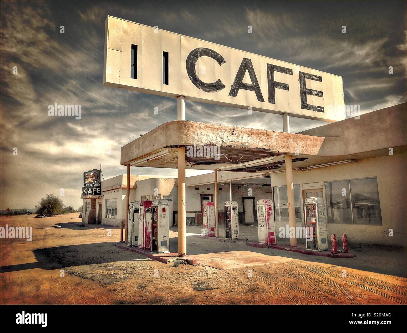 Vintage treatment of abandoned cafe and gas station in the Mohave