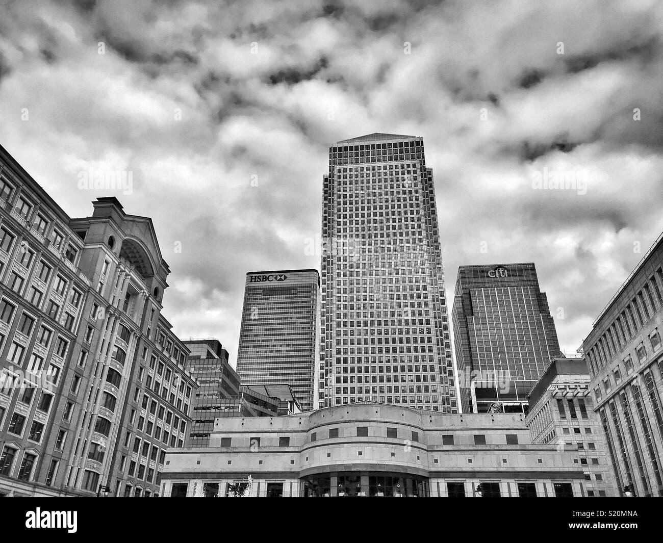 High rise office buildings in the Canary Wharf area of Tower Hamlets, London, England. The HSBC and Citi buildings are visible. Photo Credit - © COLIN HOSKINS. - Smartphone Captured Stock Image