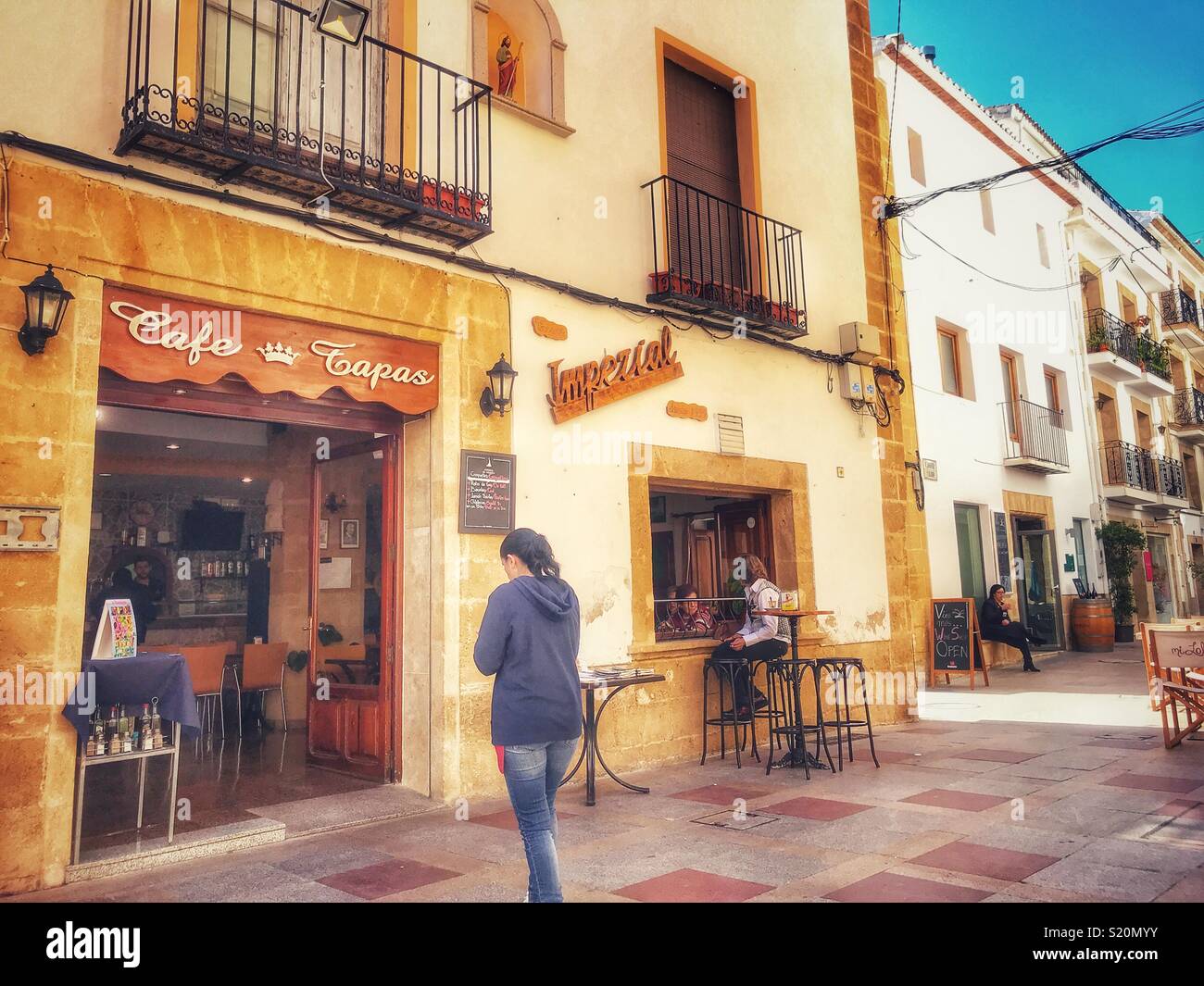 Street scene and the Bar Imperial in the Old Town of Javea/ Xabia, Costa Blanca, Spain Stock Photo