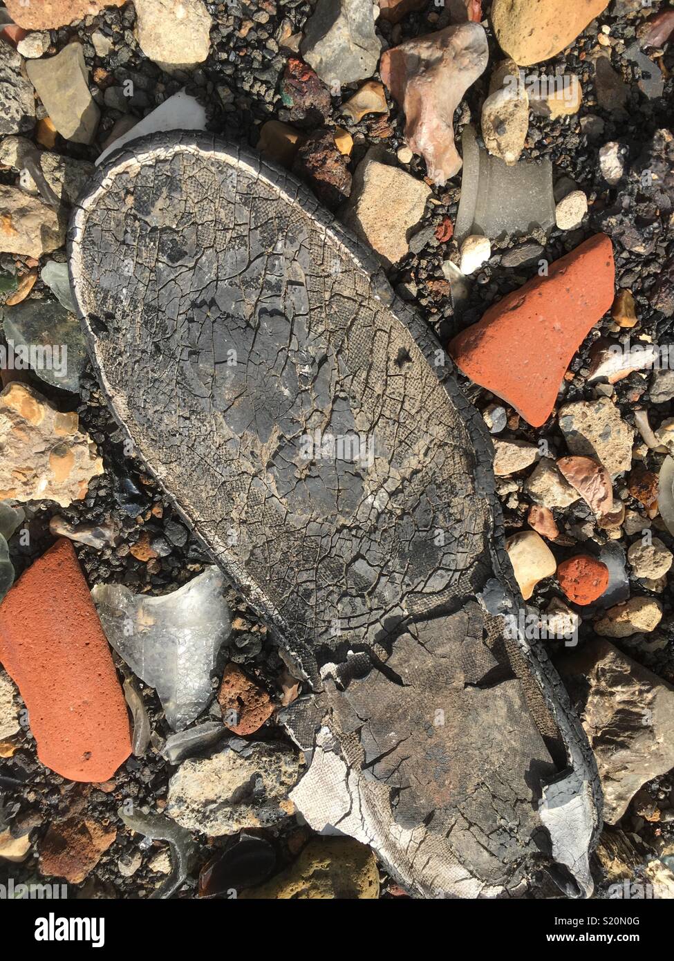 Old shoe sole found by Mudlark on River Thames London England Stock