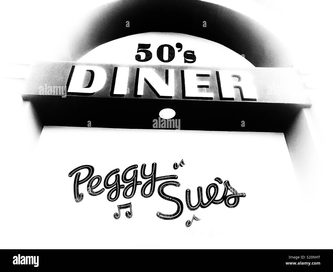 Peggy Sue’s 50’s Diner sign. Traditional American Dinner on road to Las Vegas. Yermo, USA - Smartphone Captured Stock Image