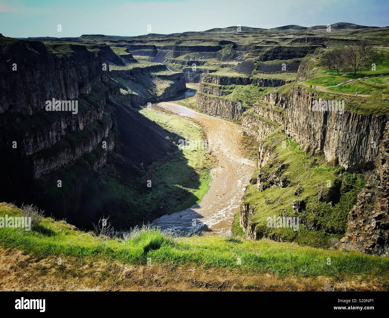 Snake river meanders through basalt canyon after dropping for Palouse falls in Washington state Stock Photo